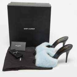 مملوكة مسبقًا Saint Laurent Blue Mink Fur Roy Slide Sandals Size 39