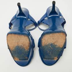 Saint Laurent Blue Patent Tribute Ankle Strap Sandals Size 37