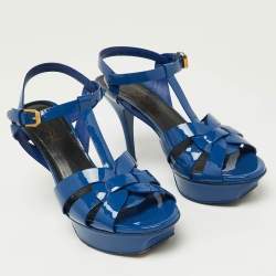 Saint Laurent Blue Patent Tribute Ankle Strap Sandals Size 37