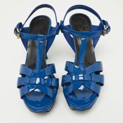 Saint Laurent Blue Patent Tribute Ankle Strap Sandals Size 37