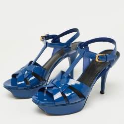 Saint Laurent Blue Patent Tribute Ankle Strap Sandals Size 37