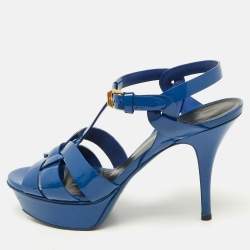 Saint Laurent Blue Patent Tribute Ankle Strap Sandals Size 37