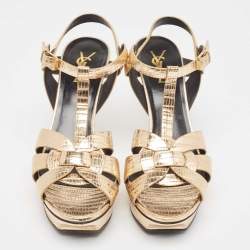 Pre Owned Saint Laurent Paris Gold Lizard Embossed Leather Tribute Platform Ankle Strap Sandals Size 39
