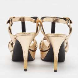 Pre Owned Saint Laurent Paris Gold Lizard Embossed Leather Tribute Platform Ankle Strap Sandals Size 39