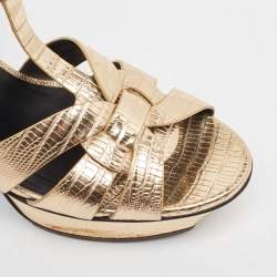 Pre Owned Saint Laurent Paris Gold Lizard Embossed Leather Tribute Platform Ankle Strap Sandals Size 39