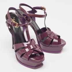 Pre Owned Saint Laurent Purple Patent Leather Tribute Platform Ankle Strap Sandals Size 39