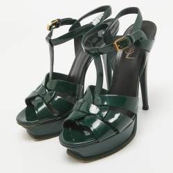 Saint Laurent Dark Green Patent Leather Tribute Sandals Size 37