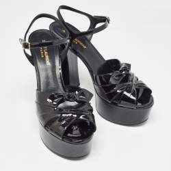 Pre Owned Saint Laurent Paris Black Patent Leather Candy Platform Block Heel Ankle Strap Sandals Size 39
