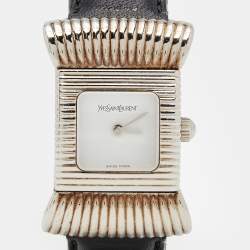 Pre Owned Yves Saint Laurent White Stainless Steel Leather Bow Women's Wristwatch 19 mm