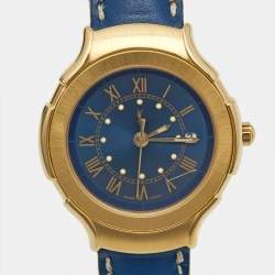 Pre Owned Yves Saint Laurent Blue Gold Plated Stainless Steel Leather Classic Women's Wristwatch 28 mm