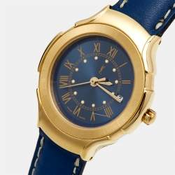 Pre Owned Yves Saint Laurent Blue Gold Plated Stainless Steel Leather Classic Women's Wristwatch 28 mm