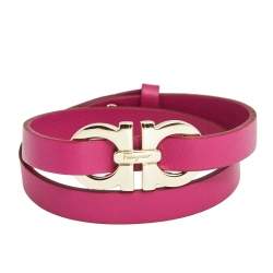 Pre Owned Salvatore Ferragamo Purple Leather Gold Tone Gancini Wrap Bracelet