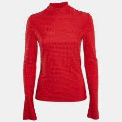 Salvatore Ferragamo Red Studded Jersey Long Sleeve Top  M