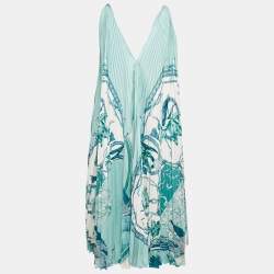 Salvatore Ferragamo Blue Floral Print Satin Plisse Midi Dress M