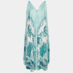 Salvatore Ferragamo Blue Floral Print Satin Plisse Midi Dress M