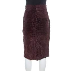 Salvatore Ferragamo Burgundy Giraffe Pattern Leather Pencil Skirt S