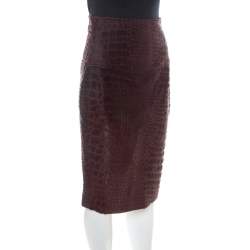 Salvatore Ferragamo Burgundy Giraffe Pattern Leather Pencil Skirt S