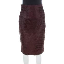 Salvatore Ferragamo Burgundy Giraffe Pattern Leather Pencil Skirt S