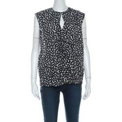 Pre Owned Salvatore Ferragamo Monochrome Polka Dot Silk Sleeveless Draped Top S