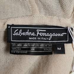 Pre Owned Salvatore Ferragamo Cream Wool & Silk Knit Brooch Detail Draped Cardigan M