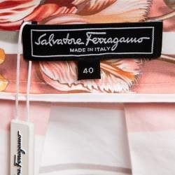 Pre Owned Salvatore Ferragamo Pink Floral Striped Printed Cotton Belted Pleated Skirt S