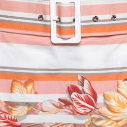 Pre Owned Salvatore Ferragamo Pink Floral Striped Printed Cotton Belted Pleated Skirt S