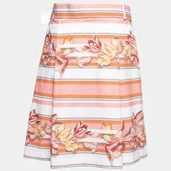 Pre Owned Salvatore Ferragamo Pink Floral Striped Printed Cotton Belted Pleated Skirt S