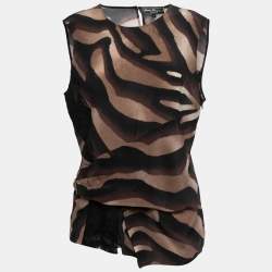 Salvatore Ferragamo Brown Printed Silk Lace Trimmed Sleeveless Top L