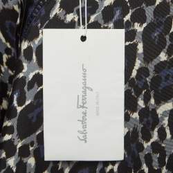 Pre Owned Salvatore Ferragamo Blue Leopard Print Lace Insert Silk Long Sleeve Shirt S