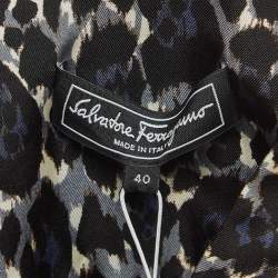 Pre Owned Salvatore Ferragamo Blue Leopard Print Lace Insert Silk Long Sleeve Shirt S