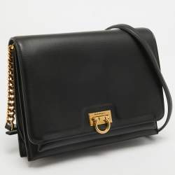 Pre Owned Salvatore Ferragamo Black Leather Trifolio Flap Shoulder Bag