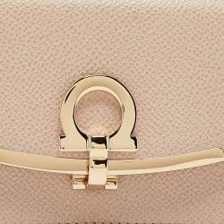 Pre Owned Salvatore Ferragamo Beige Leather Gancini Business Card Holder