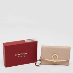 Pre Owned Salvatore Ferragamo Beige Leather Gancini Business Card Holder
