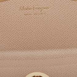 Pre Owned Salvatore Ferragamo Beige Leather Gancini Business Card Holder