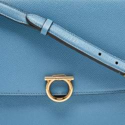 Salvatore Ferragamo Light Blue Leather Gancini Rounded Flap Crossbody Bag