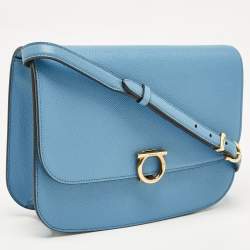 Salvatore Ferragamo Light Blue Leather Gancini Rounded Flap Crossbody Bag