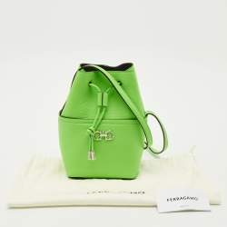 Pre Owned Salvatore Ferragamo Green Leather Mini Gancini Drawstring Bucket Bag