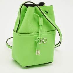 Pre Owned Salvatore Ferragamo Green Leather Mini Gancini Drawstring Bucket Bag