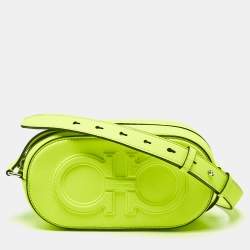 Pre Owned Salvatore Ferragamo Neon Green Leather Double Gancio Crossbody Bag