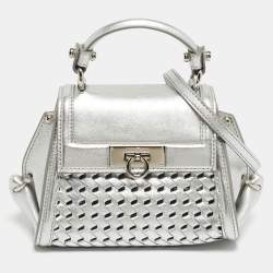 Pre Owned Salvatore Ferragamo Silver Woven Effect Leather Mini Sofia Top Handle Bag