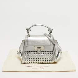 Pre Owned Salvatore Ferragamo Silver Woven Effect Leather Mini Sofia Top Handle Bag