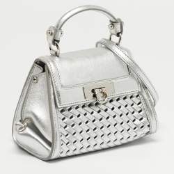 Pre Owned Salvatore Ferragamo Silver Woven Effect Leather Mini Sofia Top Handle Bag