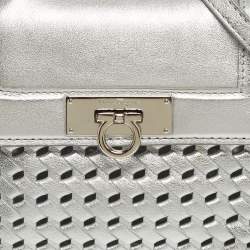 Pre Owned Salvatore Ferragamo Silver Woven Effect Leather Mini Sofia Top Handle Bag