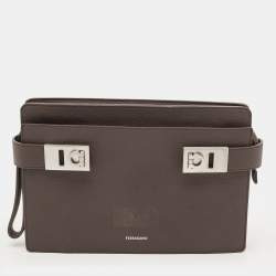 Pre Owned حقيبة كلتش سالفاتوري فيراغامو جلد بيج داكن هاغ