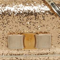 Pre Owned Salvatore Ferragamo Vara Bow Gold Glitter and Patent Leather Top Handle Bag