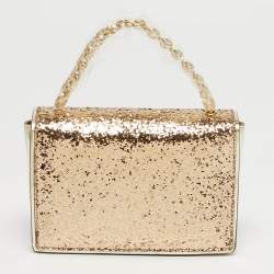 Pre Owned Salvatore Ferragamo Vara Bow Gold Glitter and Patent Leather Top Handle Bag