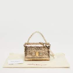 Pre Owned Salvatore Ferragamo Vara Bow Gold Glitter and Patent Leather Top Handle Bag