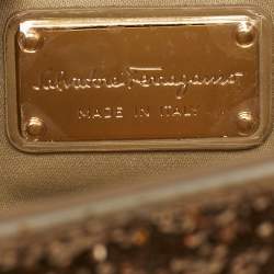 Pre Owned Salvatore Ferragamo Vara Bow Gold Glitter and Patent Leather Top Handle Bag