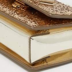 Pre Owned Salvatore Ferragamo Vara Bow Gold Glitter and Patent Leather Top Handle Bag