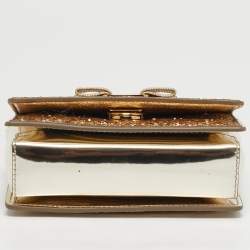 Pre Owned Salvatore Ferragamo Vara Bow Gold Glitter and Patent Leather Top Handle Bag